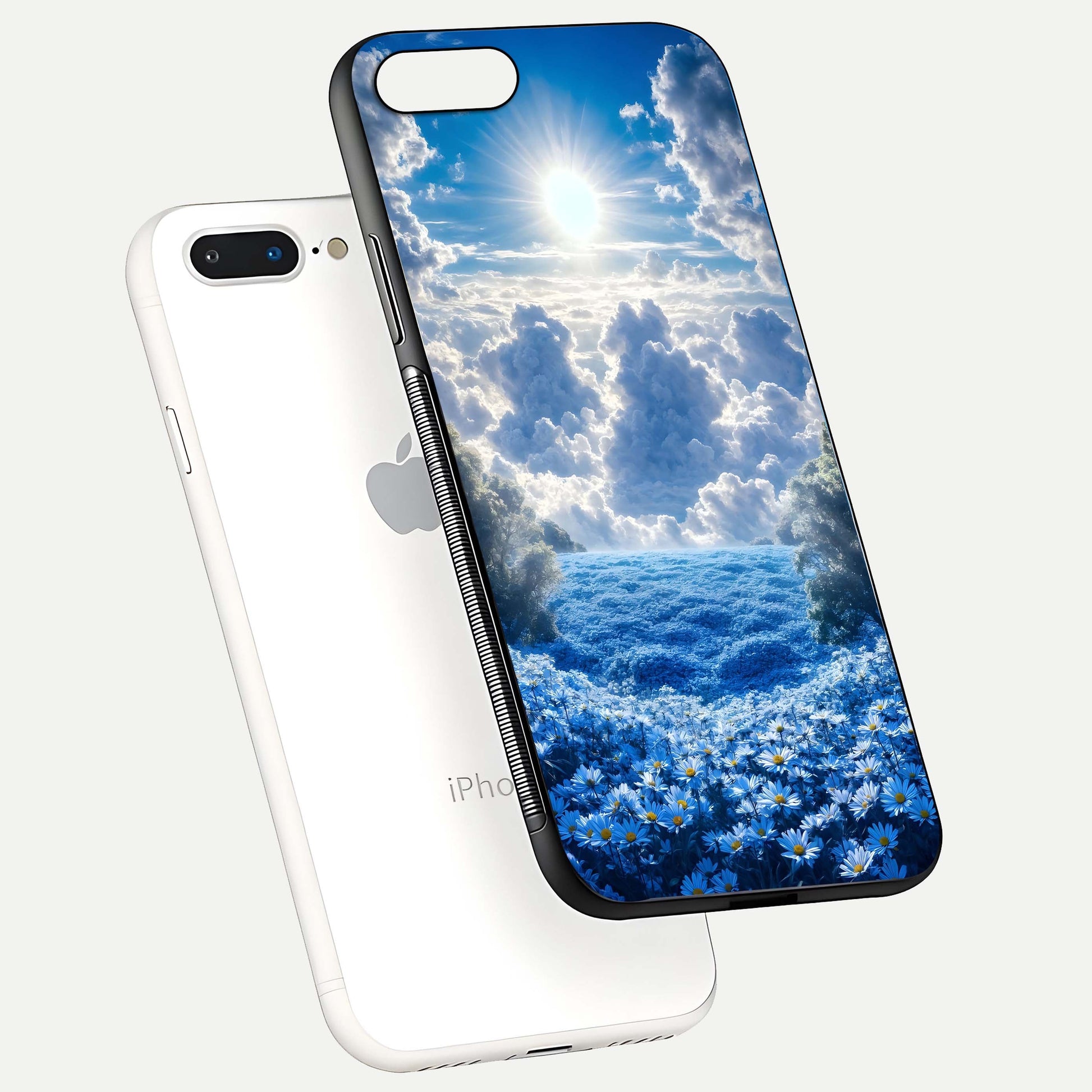 Heavenly Daisy Horizon Glass Case for iPhone 8 Plus floating dual-view mockup showing gloss polish and soft pastel background