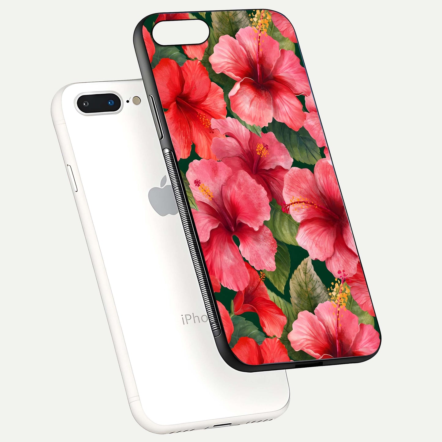 Hibiscus Pattern Glass Case for iPhone 8 Plus floating dual-view mockup showing glossy texture and vivid color depth