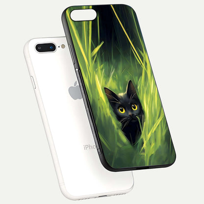 Hidden Cat Whisper Glass Case for iPhone 8 Plus floating dual-view mockup showing glossy tone and elegant cat silhouette