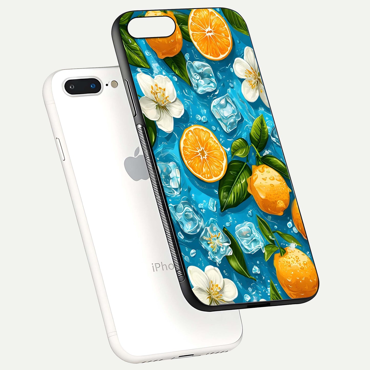 Ice Cube With Orange Glass Case for iPhone 8 Plus floating dual-view mockup showing glossy shine and cool refreshing tone