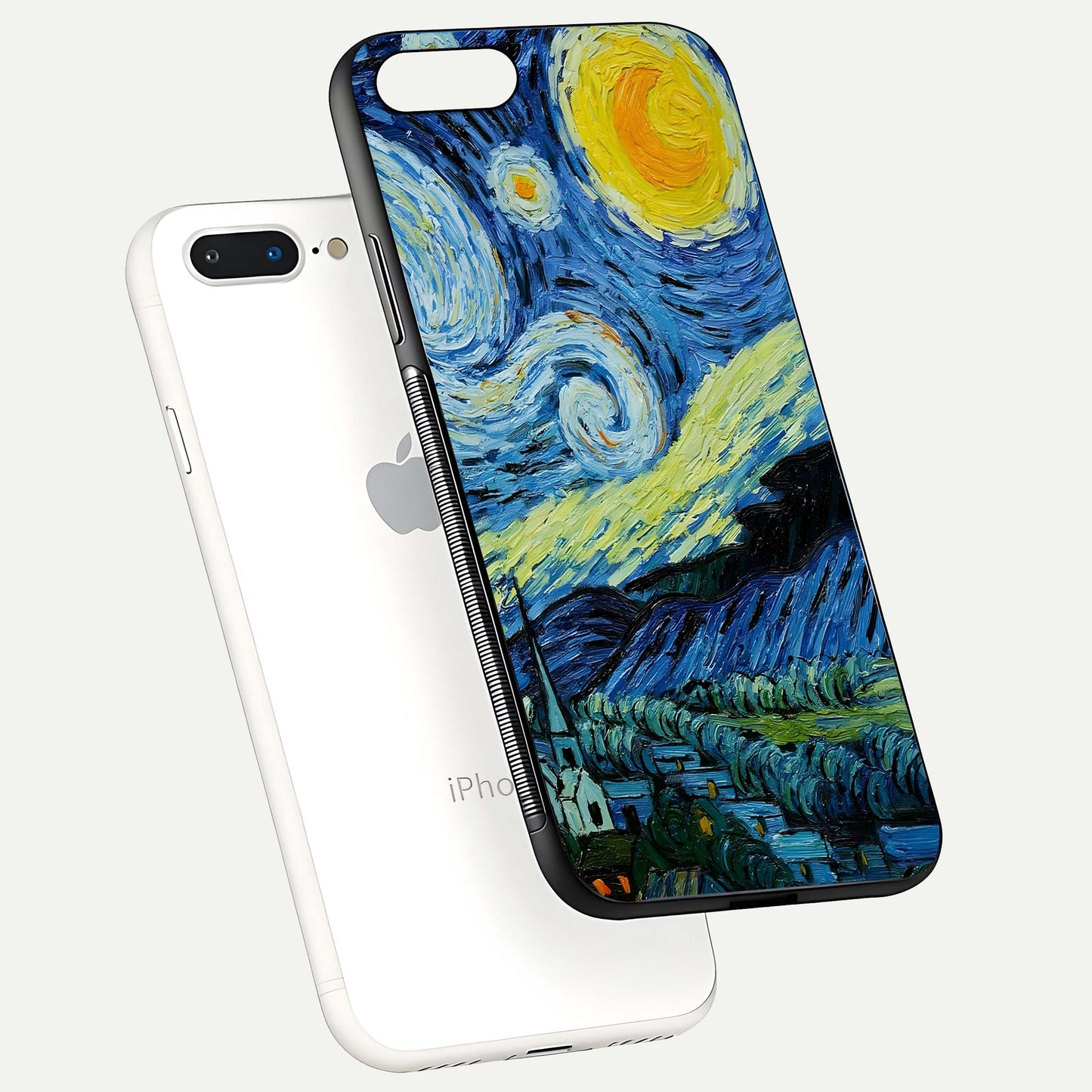 Inspired Van Gogh Art Glass Case for iPhone 8 Plus floating dual-view mockup showing gloss depth and artistic reflection