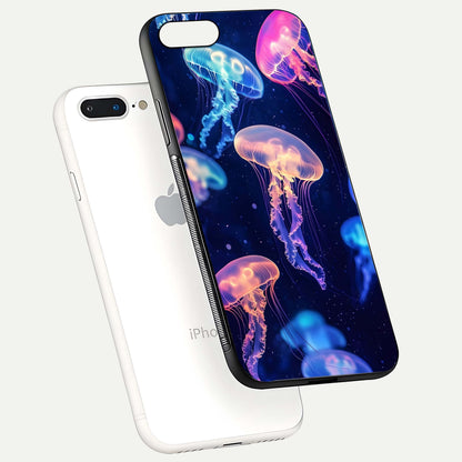 Jellyfish Pattern Glass Case for iPhone 8 Plus floating dual-view mockup showing gloss texture and oceanic depth