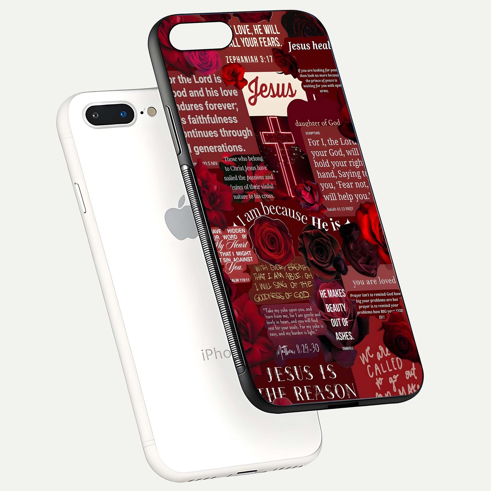 Jesus Love Heals Glass Case for iPhone 8 Plus floating dual-view mockup showing glossy shine and faith-inspired art