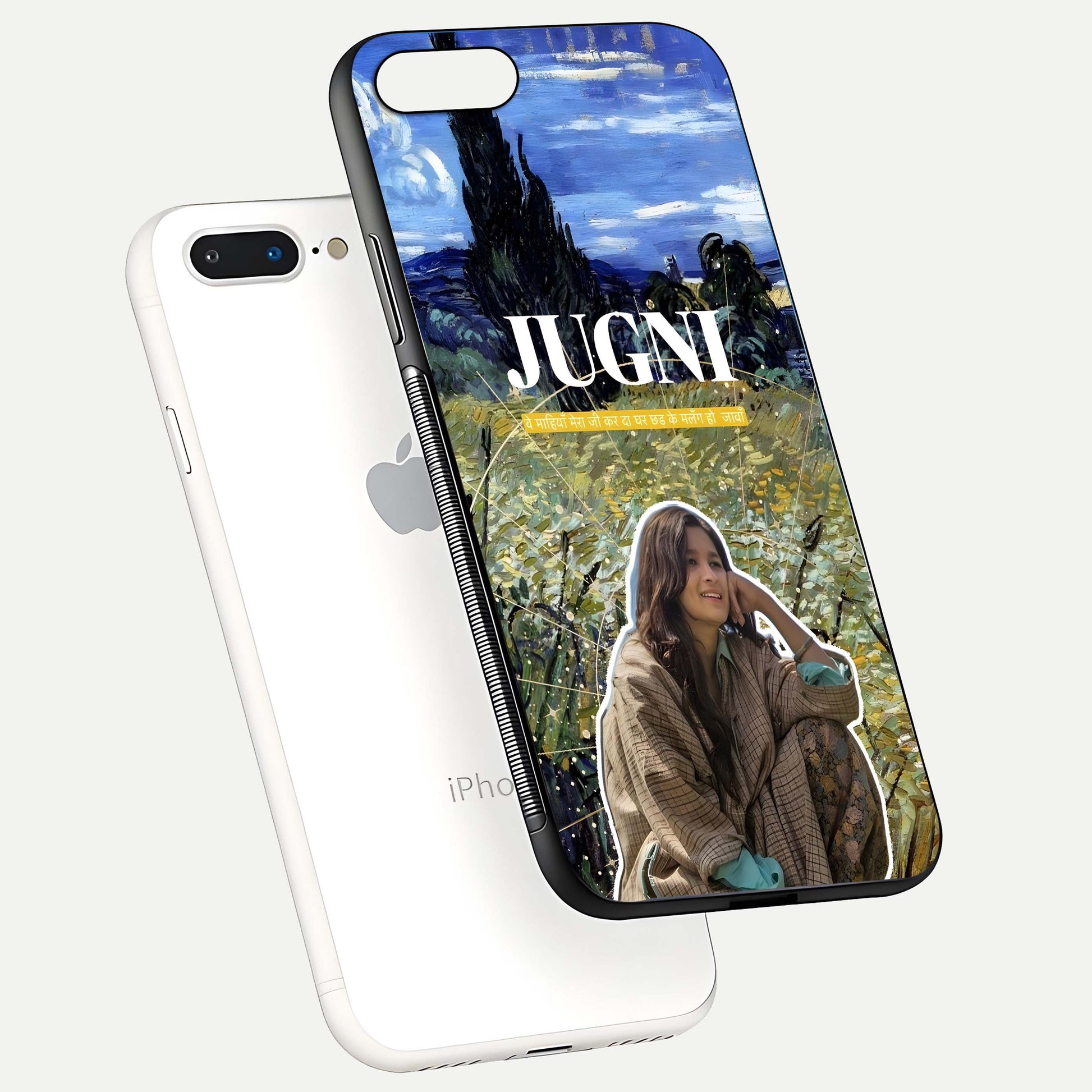Jugni Soul Vibes Glass Case for iPhone 8 Plus floating dual-view mockup showing gloss surface and vivid design style