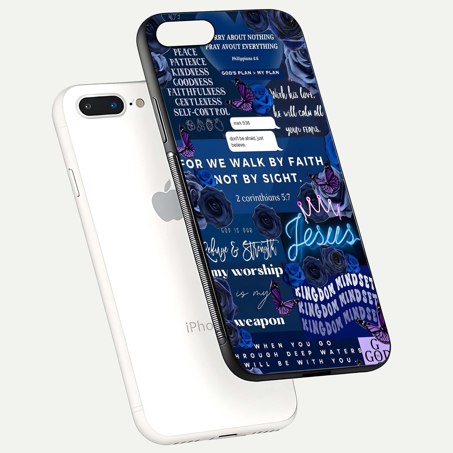 Kingdom Faith Glow Glass Case for iPhone 8 Plus floating dual-view mockup showing premium gloss and golden aura