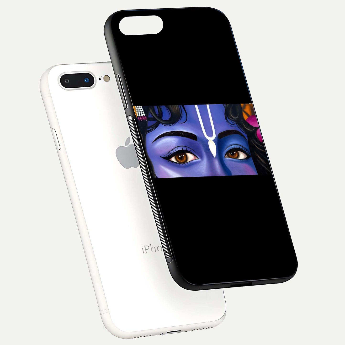 Krishna Eye Glass Case for iPhone 8 Plus floating dual-view mockup showing gloss surface and divine art depth