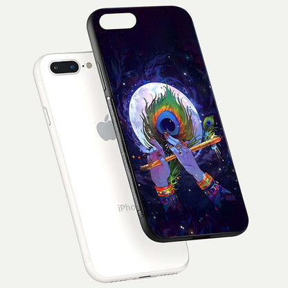 Krishna Hands Art Glass Case for iPhone 8 Plus floating dual-view mockup showing premium gloss reflection