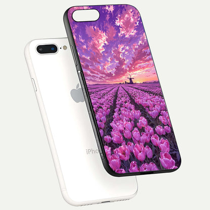 Lavender Dream Skies Glass Case for iPhone 8 Plus floating dual-view mockup showing gloss polish and pastel design