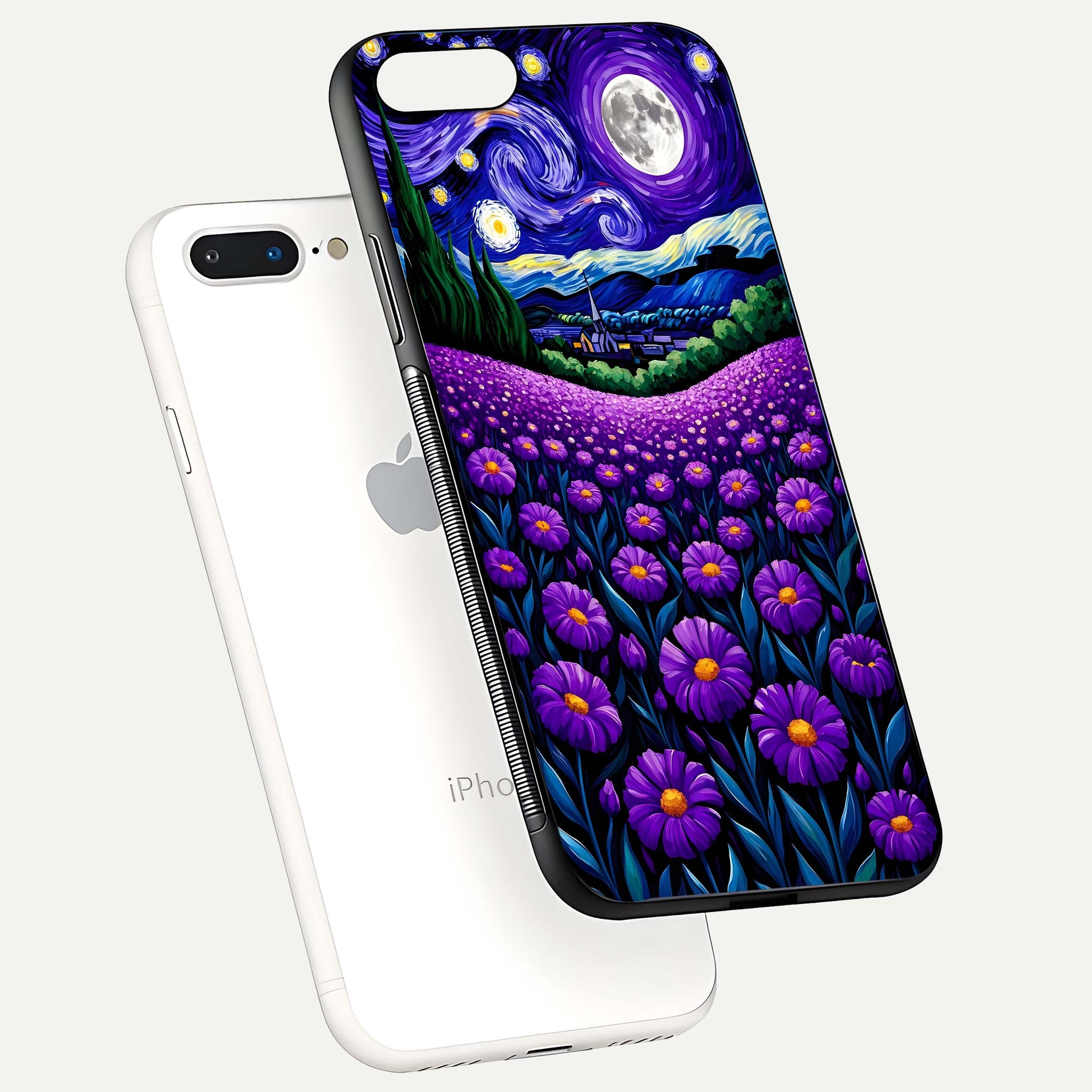 Lavender Moon Field Glass Case for iPhone 8 Plus floating dual-view mockup showing gloss surface and floral glow