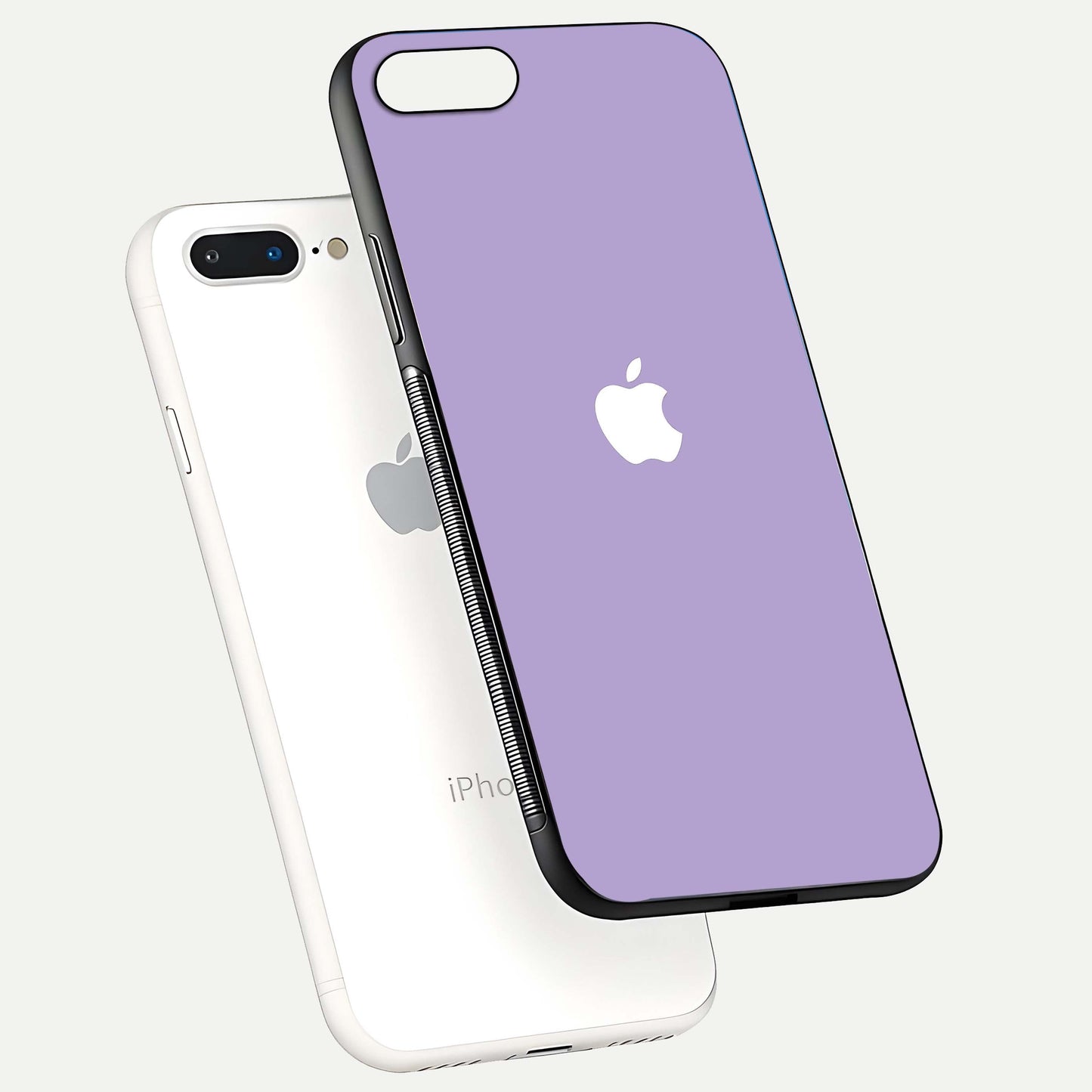 Lavender Soft Minimal Glass Case for iPhone 8 Plus floating dual-view mockup showing gloss reflection and pastel tone