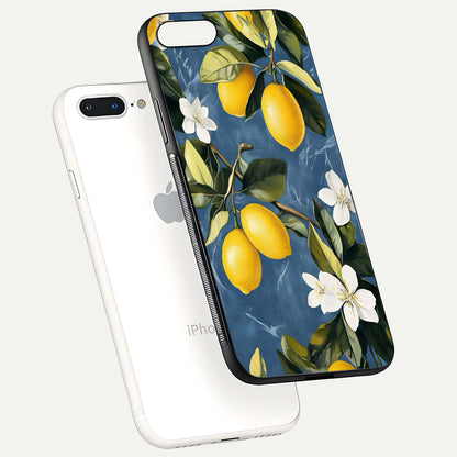 Lemon Dream Garden Glass Case for iPhone 8 Plus floating dual-view mockup showing gloss brightness and vivid yellow print