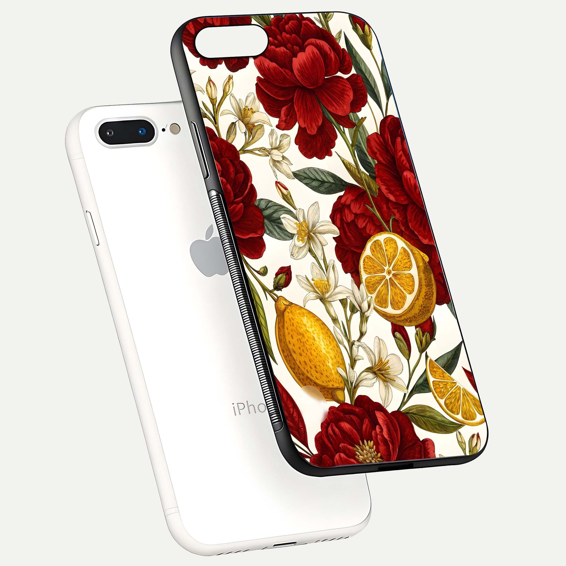 Lemon Rose Charm Glass Case for iPhone 8 Plus floating dual-view mockup showing gloss polish and floral gradient