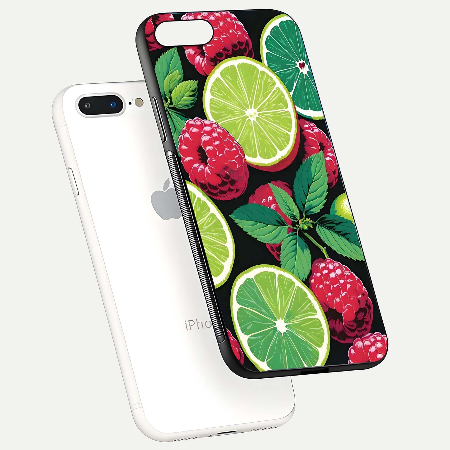 Lime and Raspberry Pattern Glass Case for iPhone 8 Plus floating dual-view showing HD gloss and vivid print