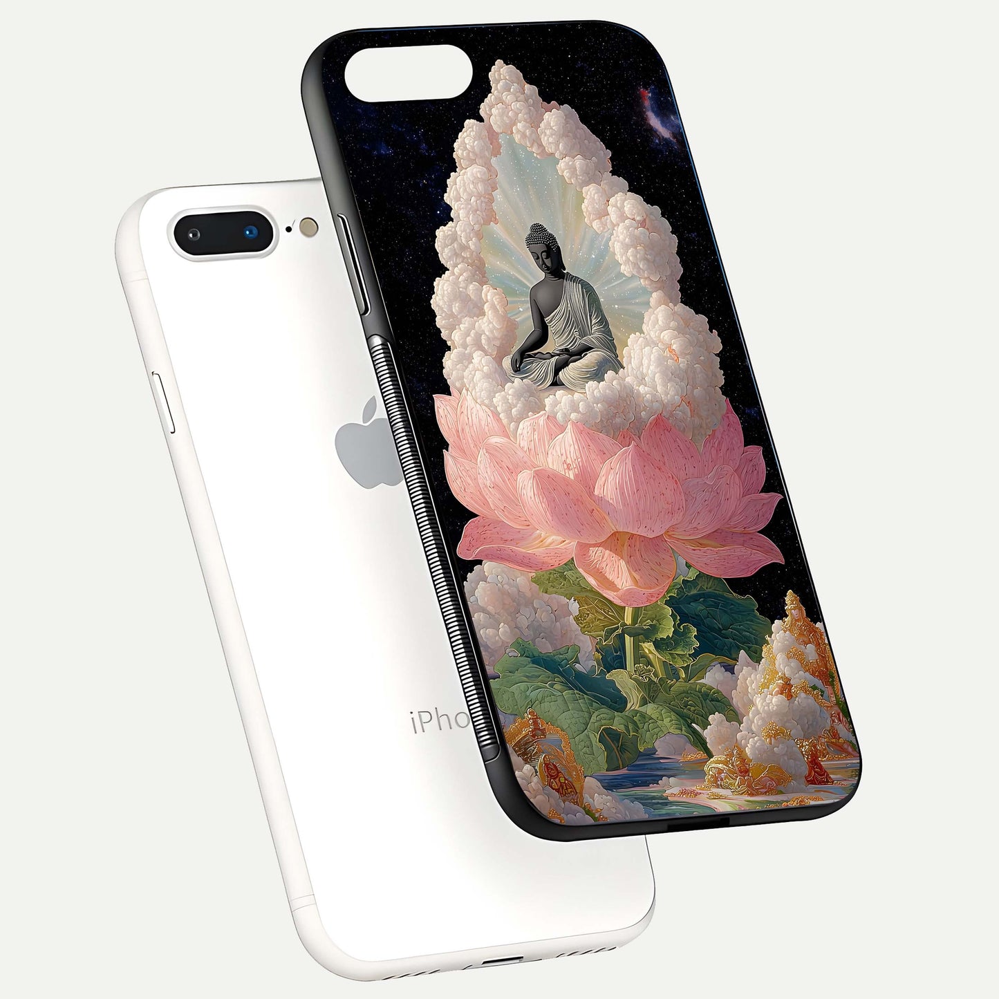 Lotus Divine Peace Glass Case for iPhone 8 Plus floating dual-view mockup with glass glow and spiritual calm art