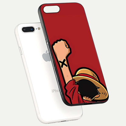 Luffy X Spirit Glass Case for iPhone 8 Plus floating dual-view mockup showing gloss polish and vibrant color depth