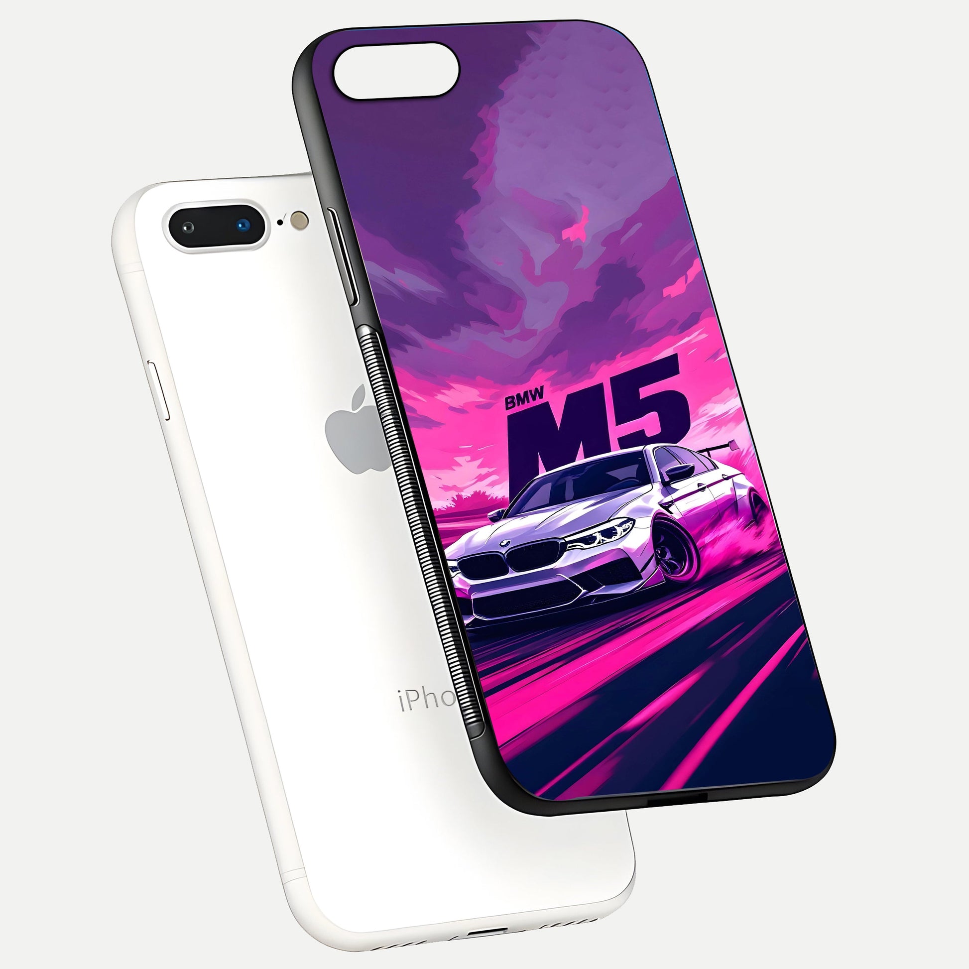 MS Neon Car Glass Case for iPhone 8 Plus floating dual-view mockup showing HD gloss and electric color tones