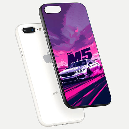 MS Neon Car Glass Case for iPhone 8 Plus floating dual-view mockup showing HD gloss and electric color tones