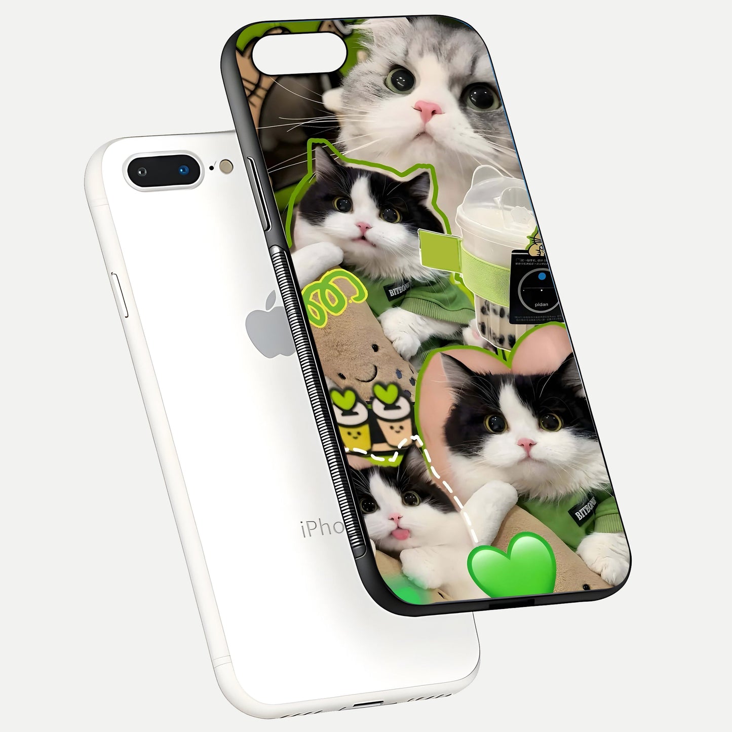 Matcha Cats Mood Glass Case for iPhone 8 Plus floating dual-view mockup showing HD gloss surface and soft tones