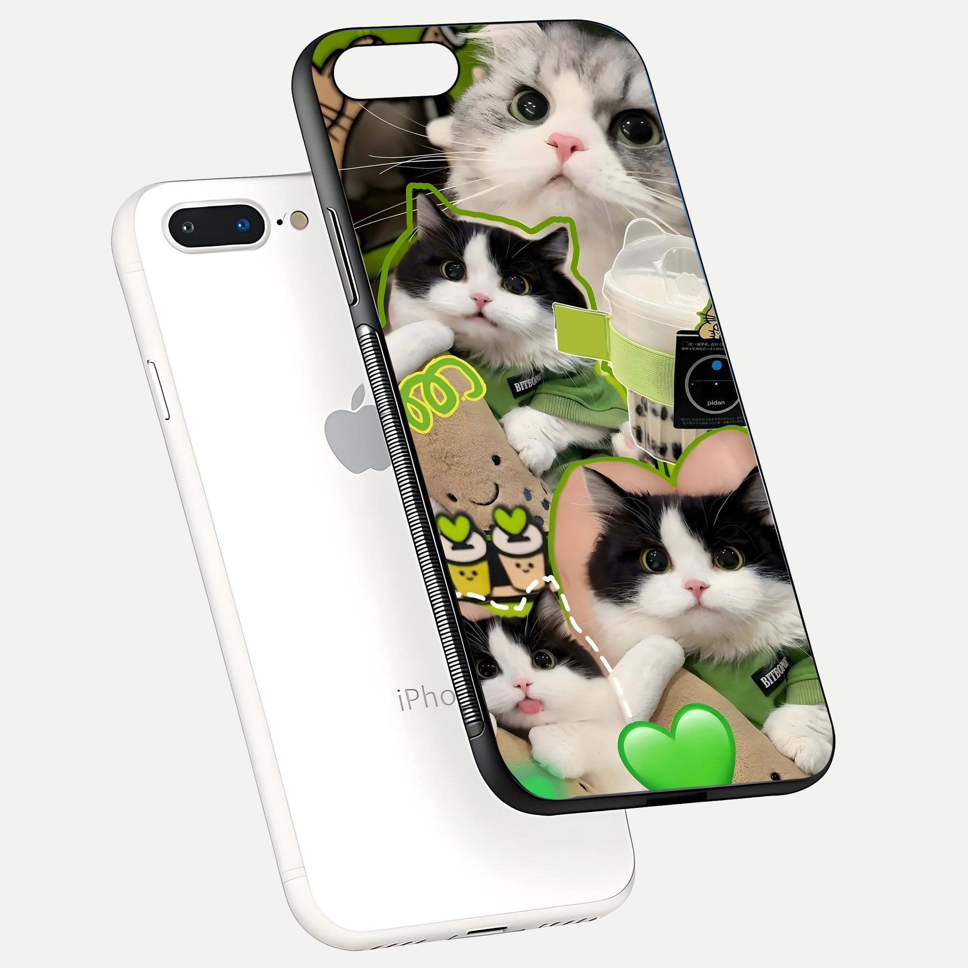 Matcha Cats Mood Glass Case for iPhone 8 Plus floating dual-view mockup showing HD gloss surface and soft tones