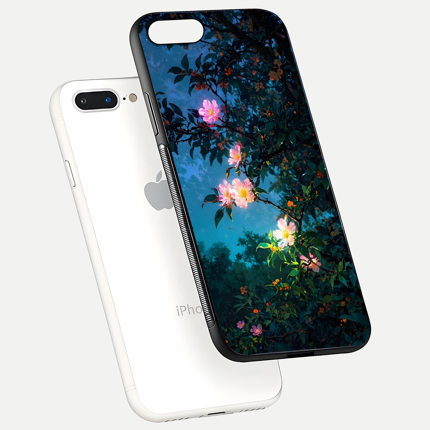 Midnight Bloom Glow Glass Case for iPhone 8 Plus floating dual-view mockup showing HD gloss and floral contrast