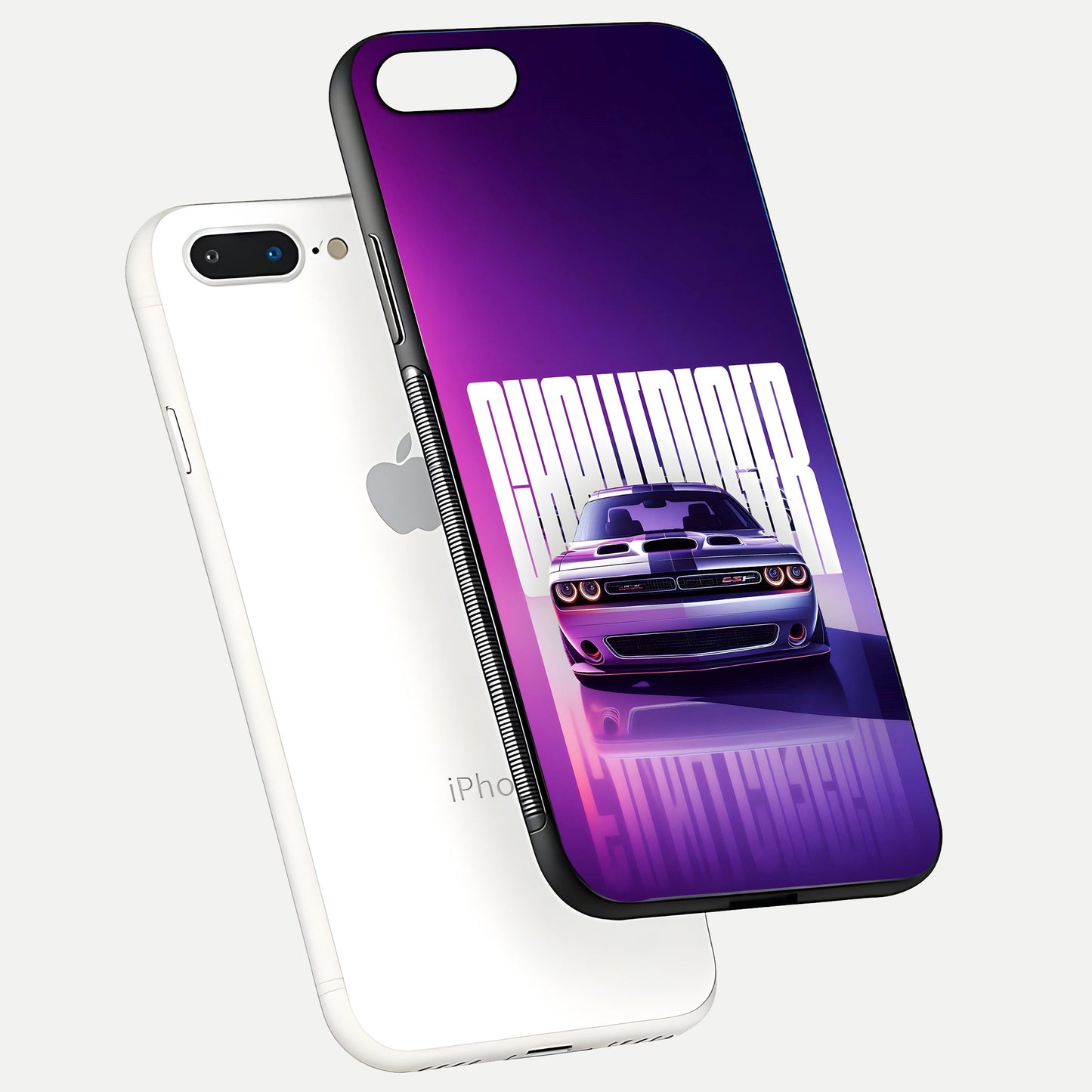Midnight Muscle Ride Glass Case for iPhone 8 Plus floating dual-view mockup showing glossy finish and shine depth