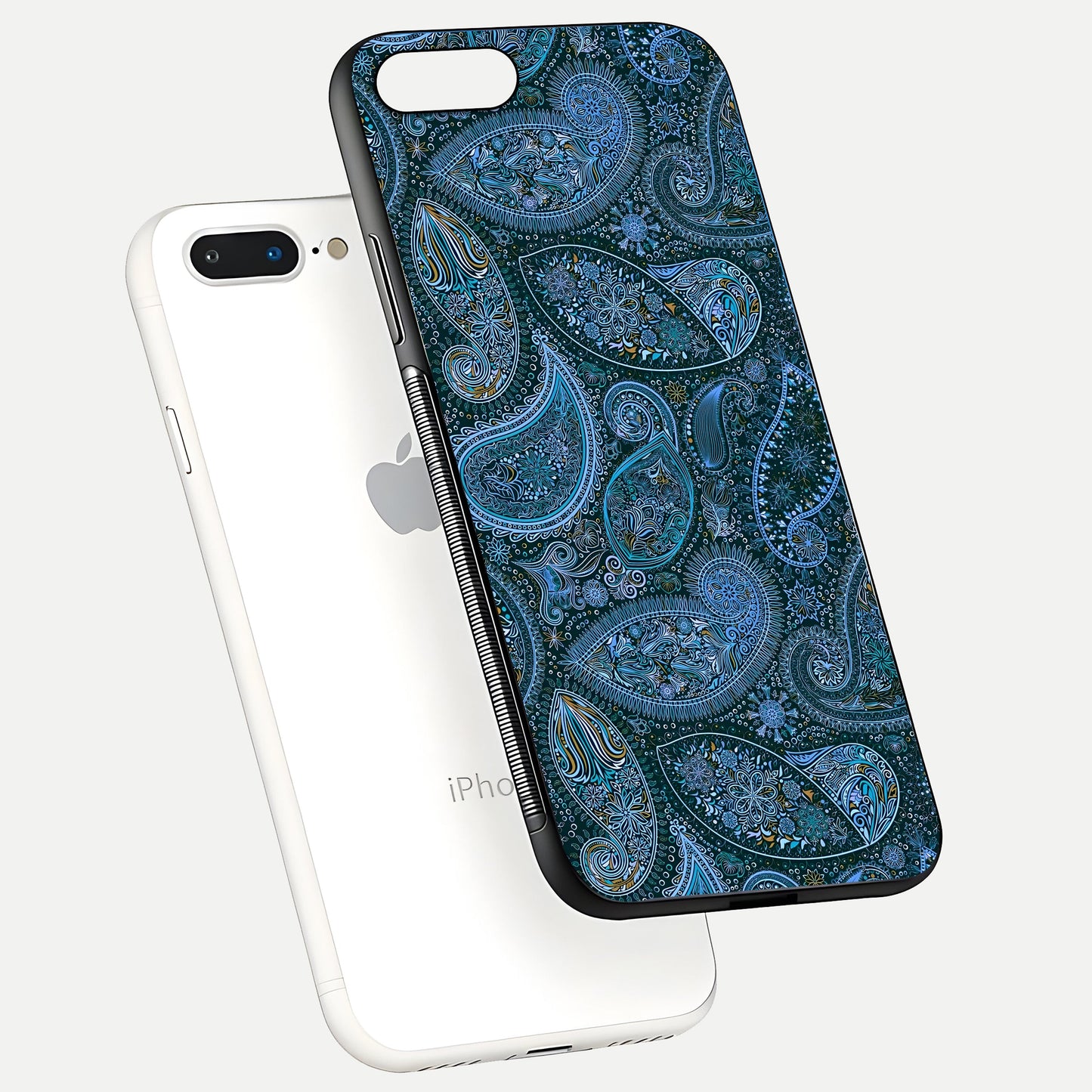 Midnight Paisley Glow Glass Case for iPhone 8 Plus floating dual-view mockup showing HD gloss and rich pattern