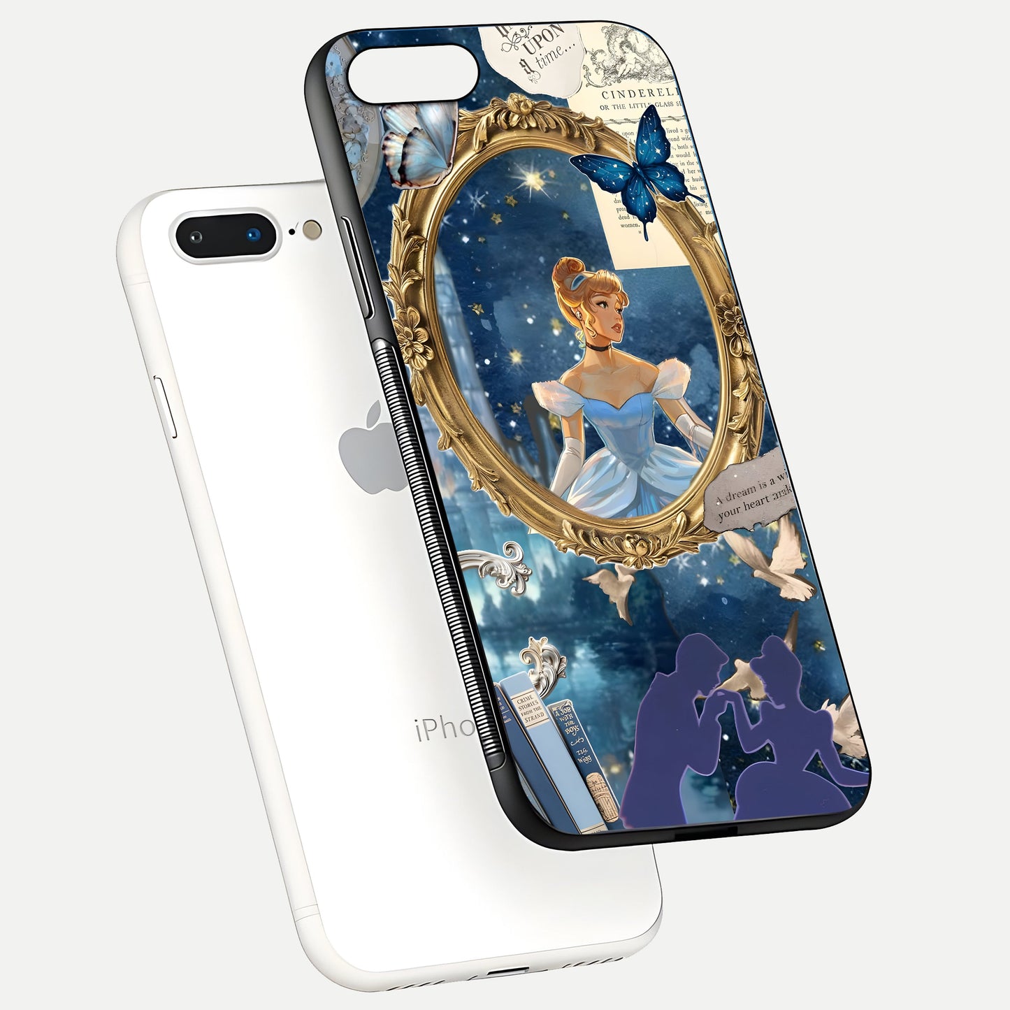 Midnight Queen Glass Case for iPhone 8 Plus floating dual-view mockup showing HD glass shine and luxury art