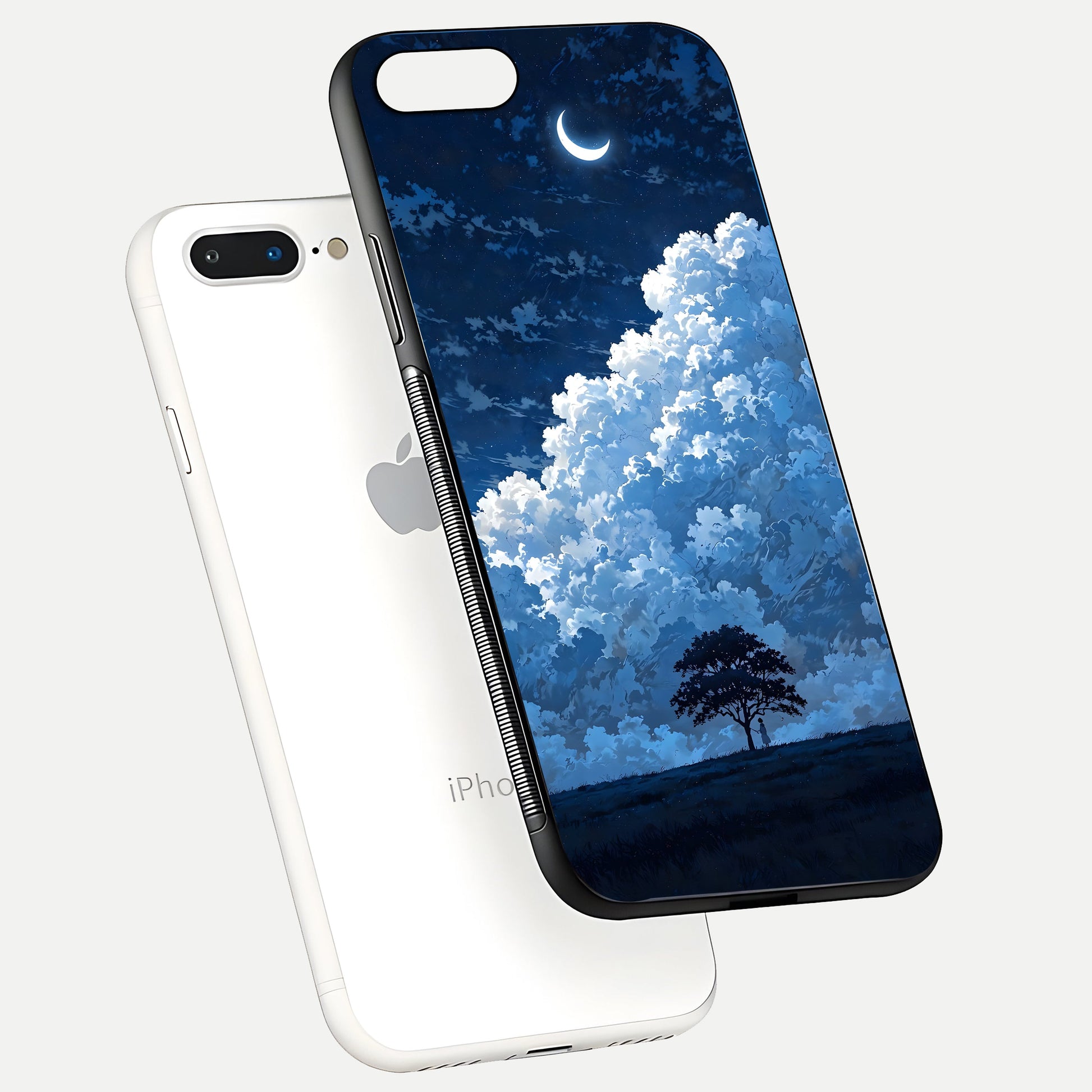 Midnight Sky Serenity Glass Case for iPhone 8 Plus floating dual-view mockup showing HD gloss and night shine