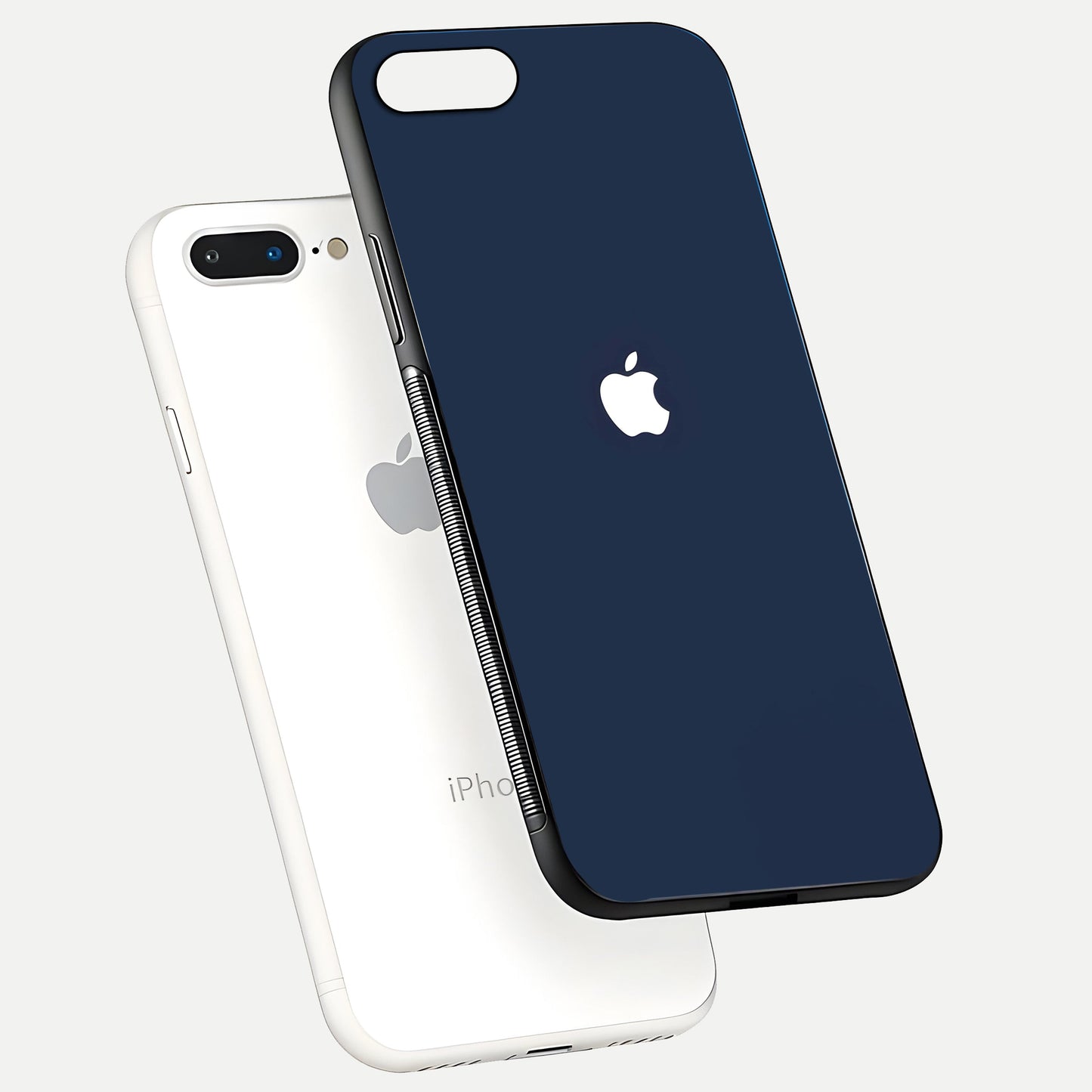 Minimal Apple Night Glass Case for iPhone 8 Plus floating dual-view mockup showing HD shine and minimal style