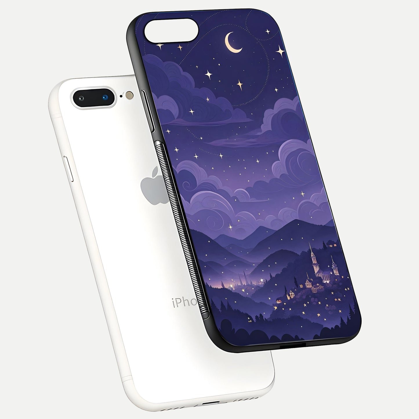 Minimal Night View Glass Case for iPhone 8 Plus floating dual-view mockup showing HD gloss and clean lines