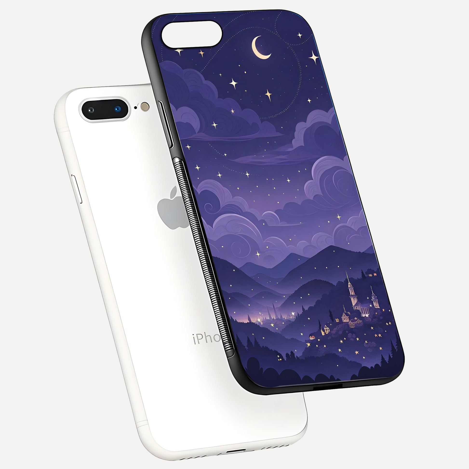 Minimal Night View Glass Case for iPhone 8 Plus floating dual-view mockup showing HD gloss and clean lines