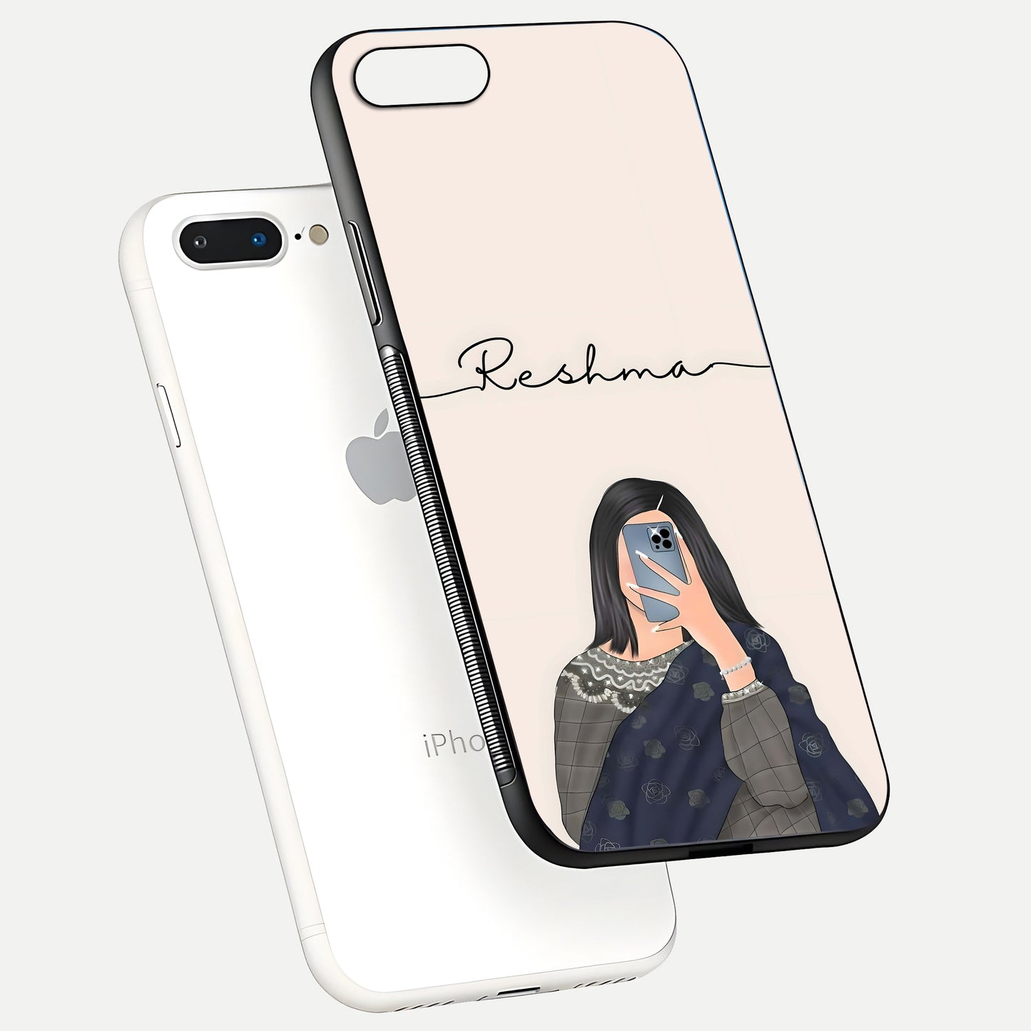 Mirror Mood Muse Custom Name Glass Case for iPhone 8 Plus floating dual-view mockup showing reflection and luxury style