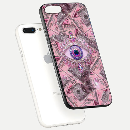 Money Eye Luxe Glass Case for iPhone 8 Plus floating dual-view mockup showing gloss surface and premium look