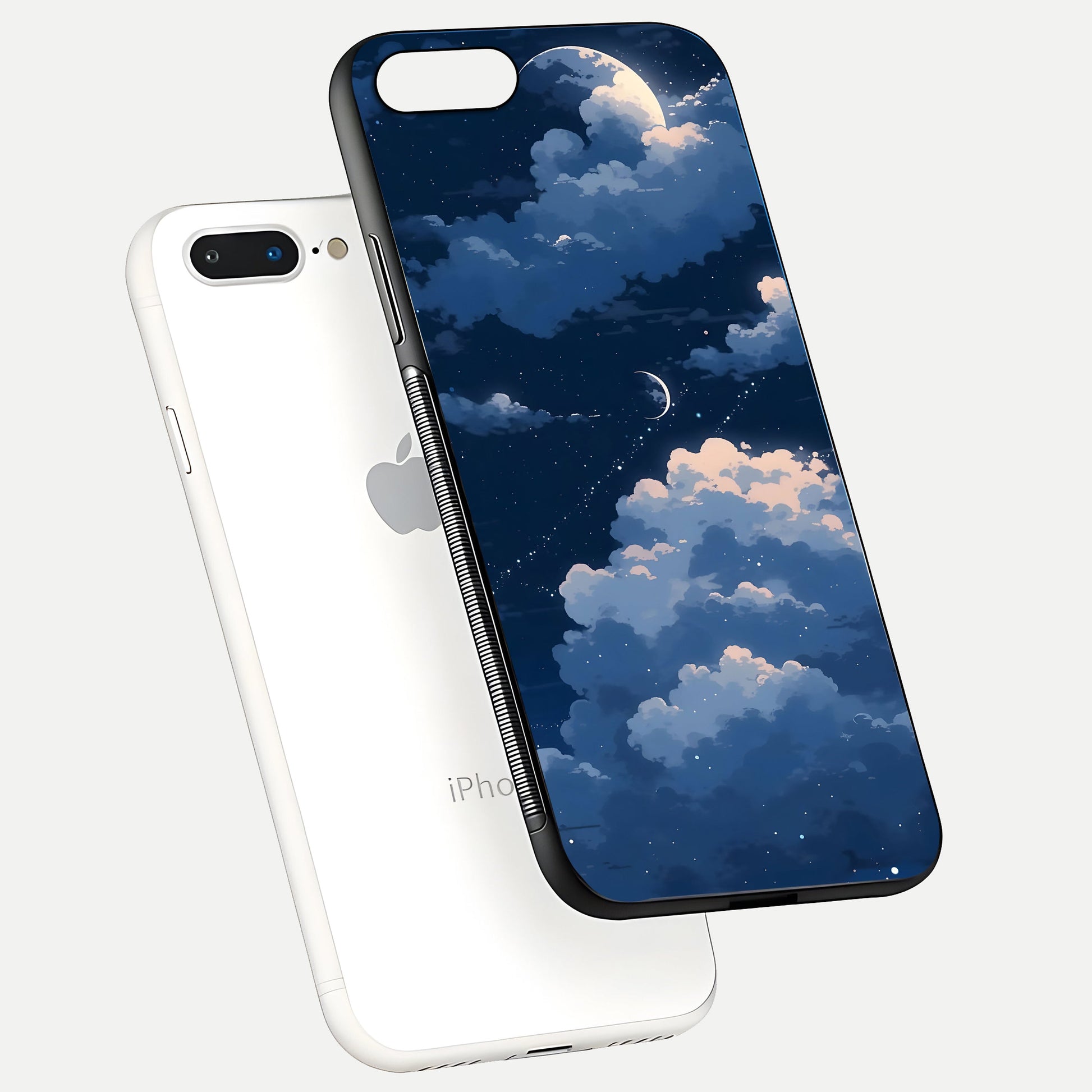Moon Dream Haze Glass Case for iPhone 8 Plus floating dual-view mockup showing gloss texture and calm tones