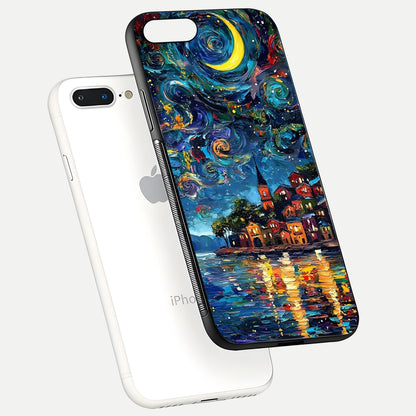 Moonlight Harbor Glow Glass Case for iPhone 8 Plus floating dual-view mockup showing gloss brightness and glow