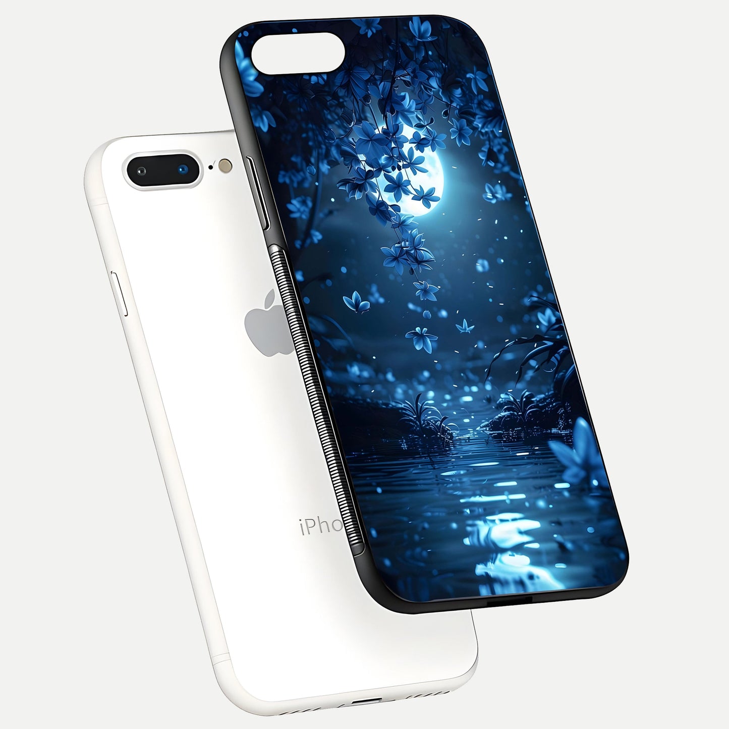 Moonlight Petal Dream Glass Case for iPhone 8 Plus floating dual-view mockup showing HD gloss and dreamy art