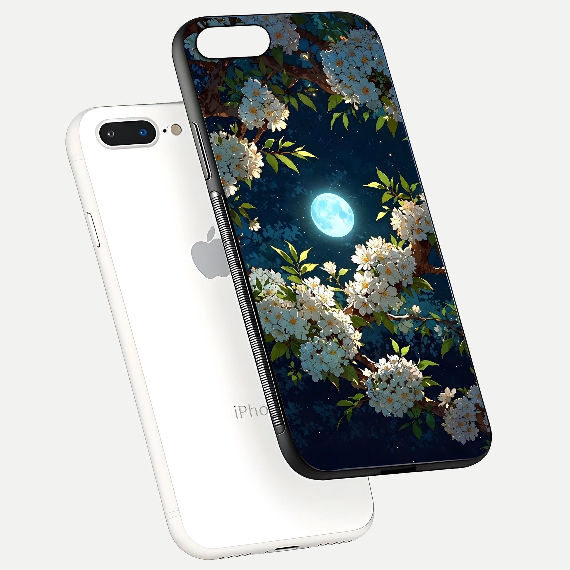Moonlit Blossom Dream Glass Case for iPhone 8 Plus floating dual-view mockup showing gloss texture and floral tone