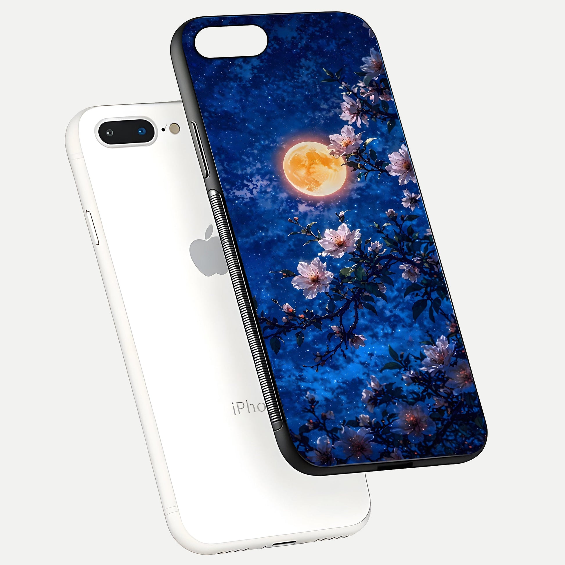 Moonlit Blossoms Night Glass Case for iPhone 8 Plus floating dual-view mockup showing HD gloss and floral contrast