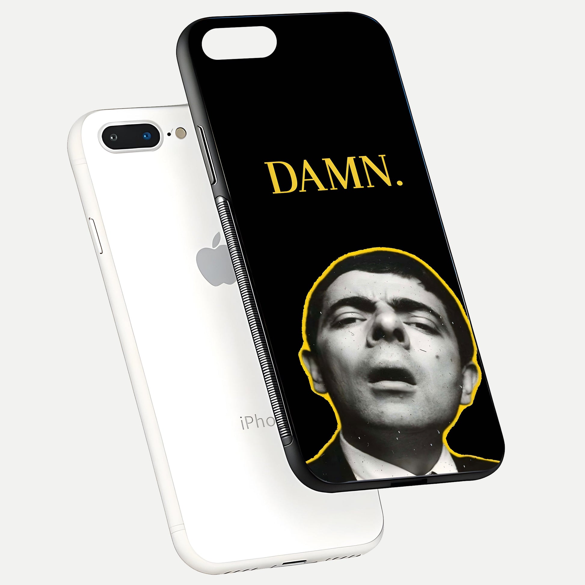 Mr Bean Damn Glass Case for iPhone 8 Plus floating dual-view mockup showing reflective gloss and vivid tones