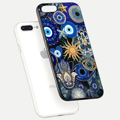 Mystic Blue Evil Eye Glass Case for iPhone 8 Plus floating dual-view mockup showing gloss depth and sacred symbol