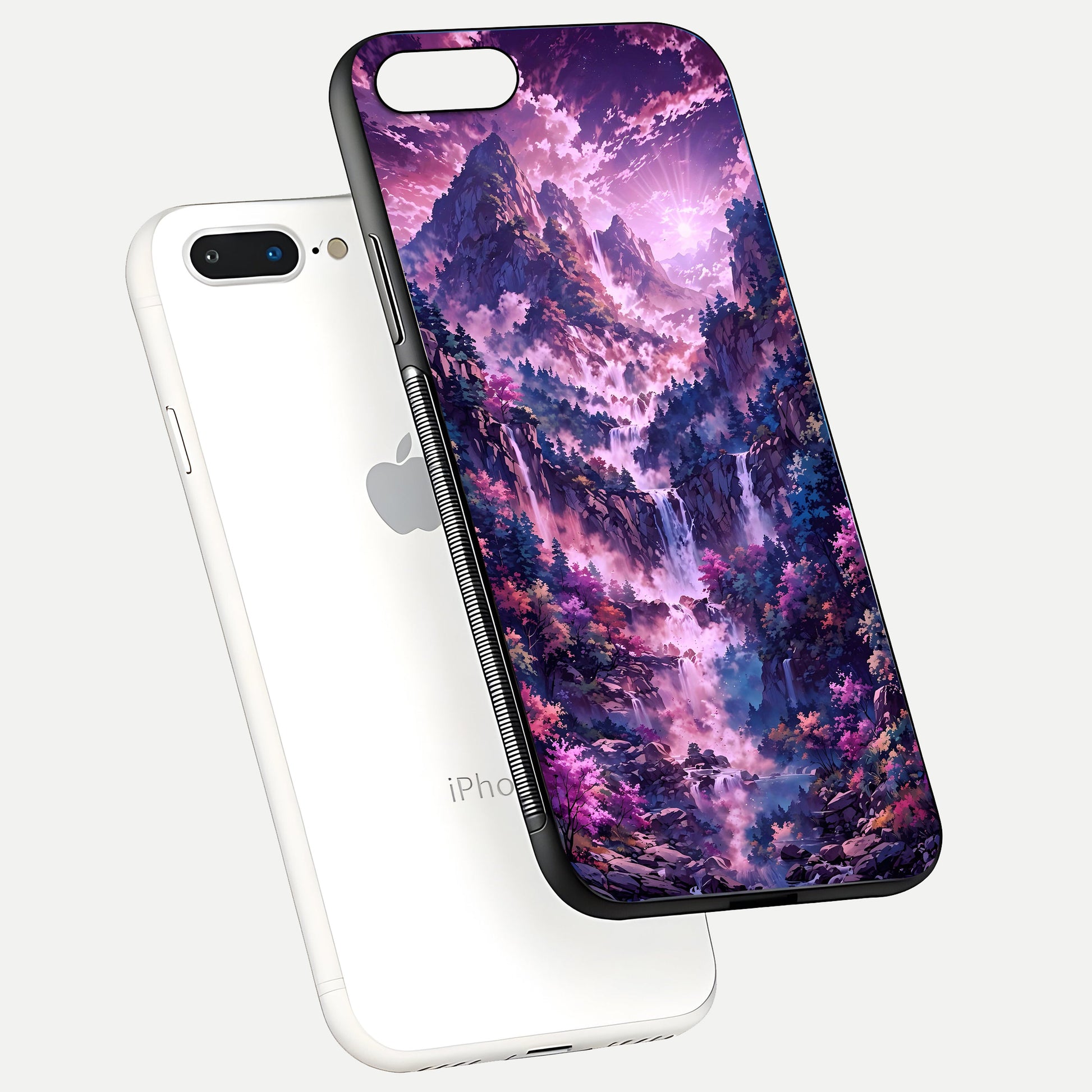 Mystic Cascade Peaks Glass Case for iPhone 8 Plus floating dual-view mockup showing gloss texture and depth