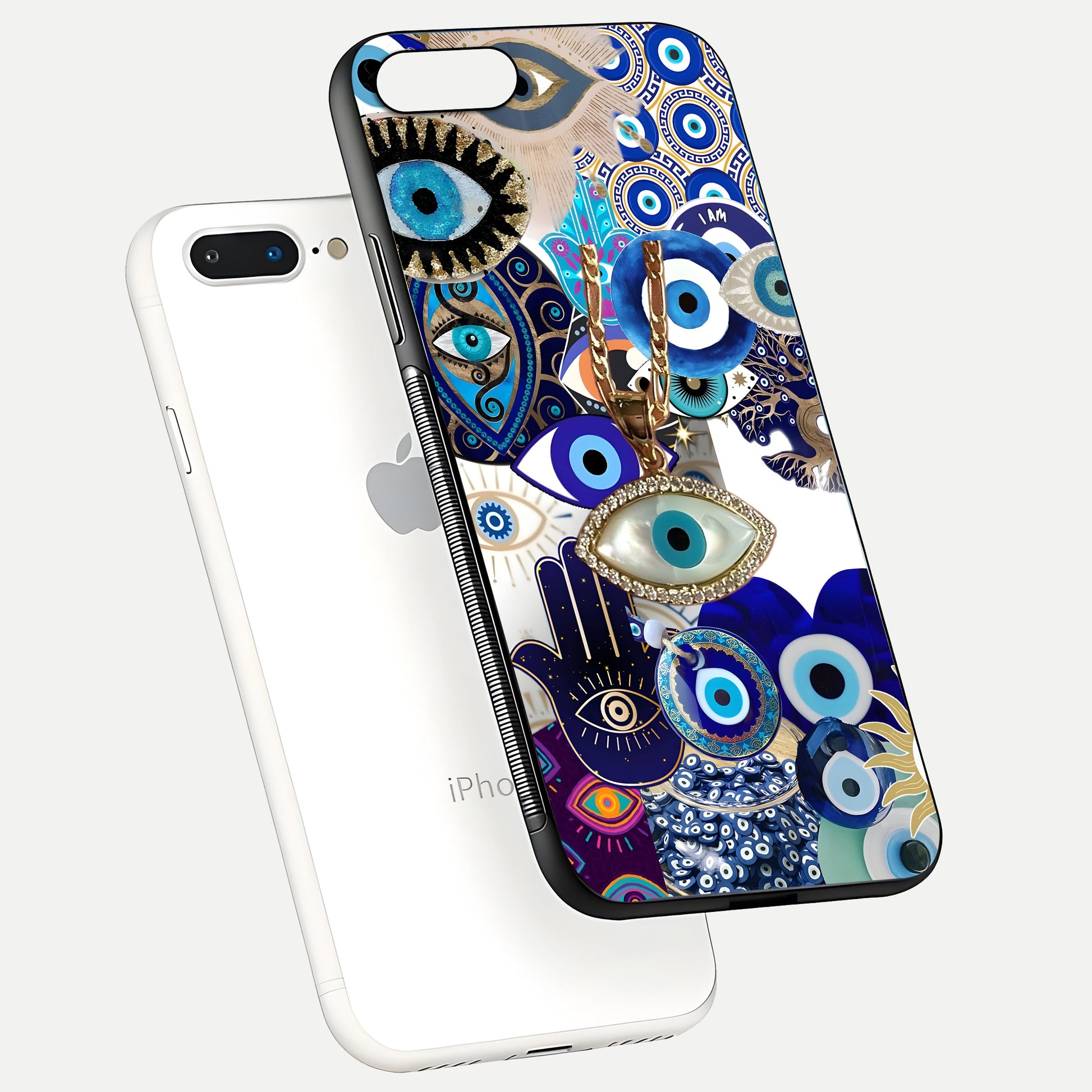Mystic Charm Eye Glass Case for iPhone 8 Plus floating dual-view mockup showing gloss glow and charm symbol