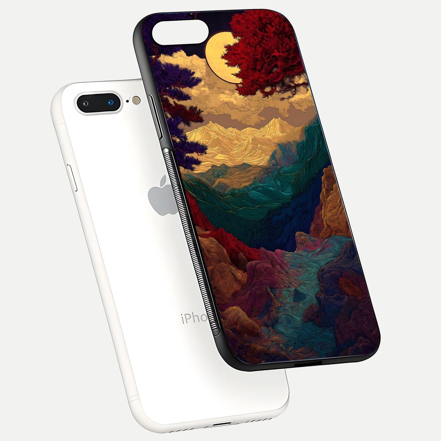 Mystic Valley Light Glass Case for iPhone 8 Plus floating dual-view mockup showing HD gloss and light blend