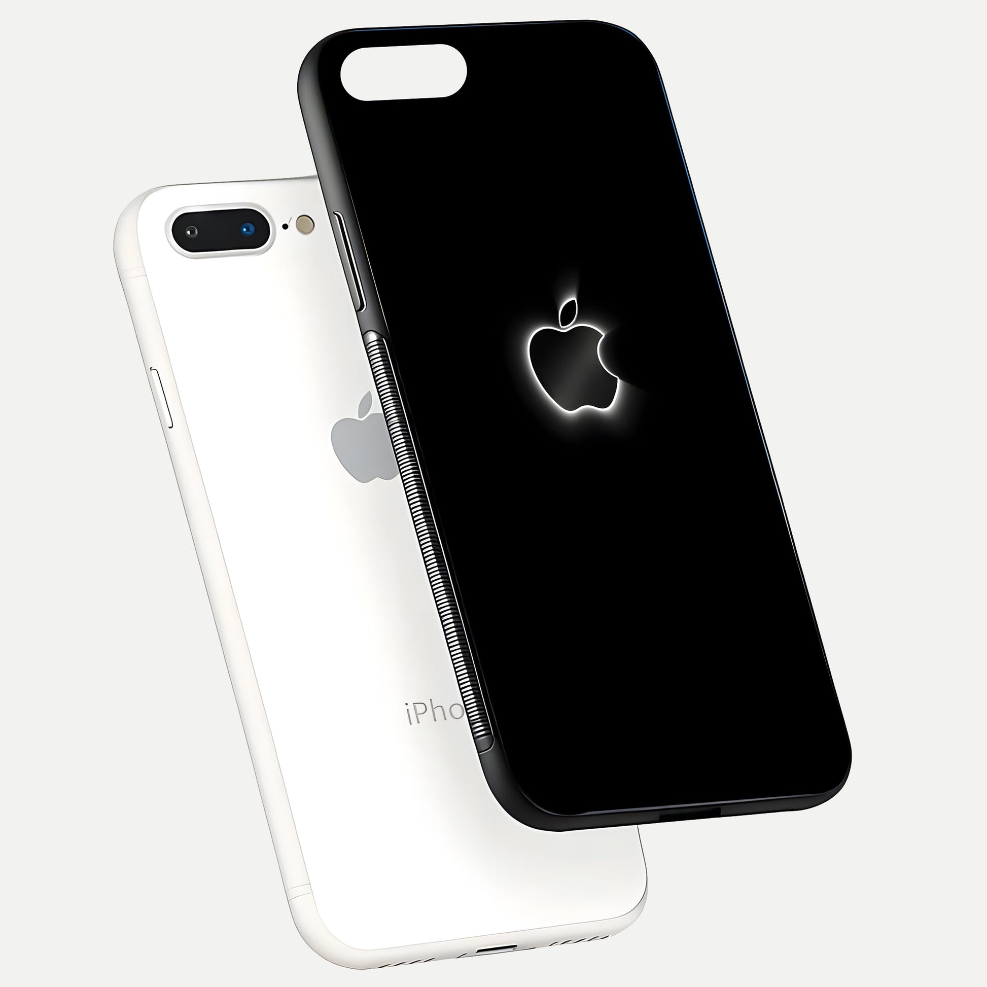 Neon Apple Glow Glass Case for iPhone 8 Plus floating dual-view mockup showing HD shine and modern look