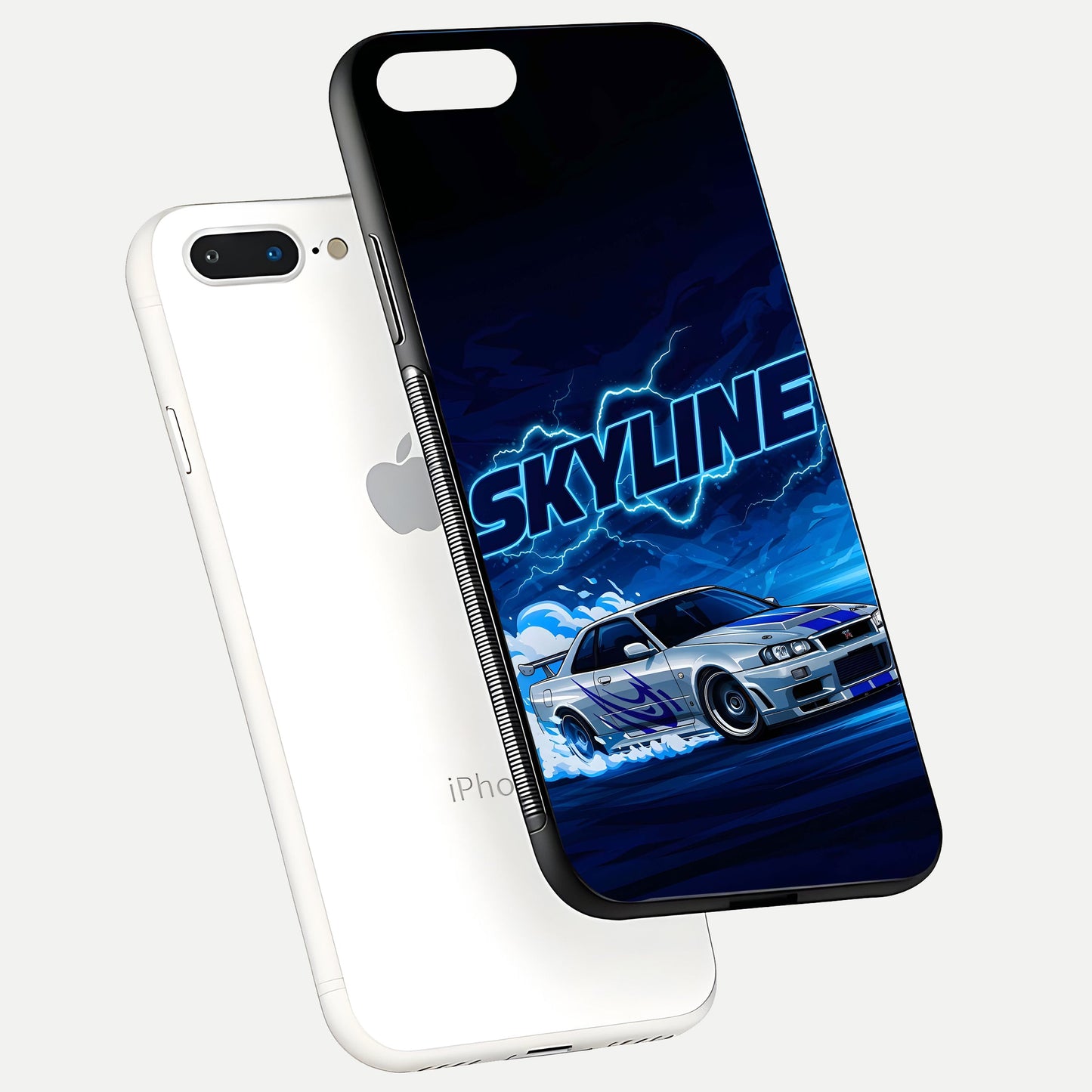 Neon Drift Beast Glass Case for iPhone 8 Plus floating dual-view mockup showing gloss texture and motion glow