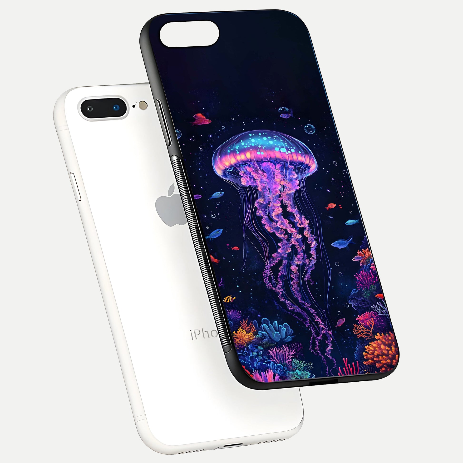 Neon Jellyfish Glass Case for iPhone 8 Plus floating dual-view mockup showing gloss texture and underwater glow