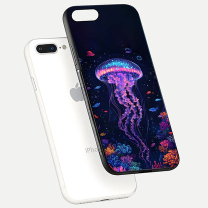 Neon Jellyfish Glass Case for iPhone 8 Plus floating dual-view mockup showing gloss texture and underwater glow