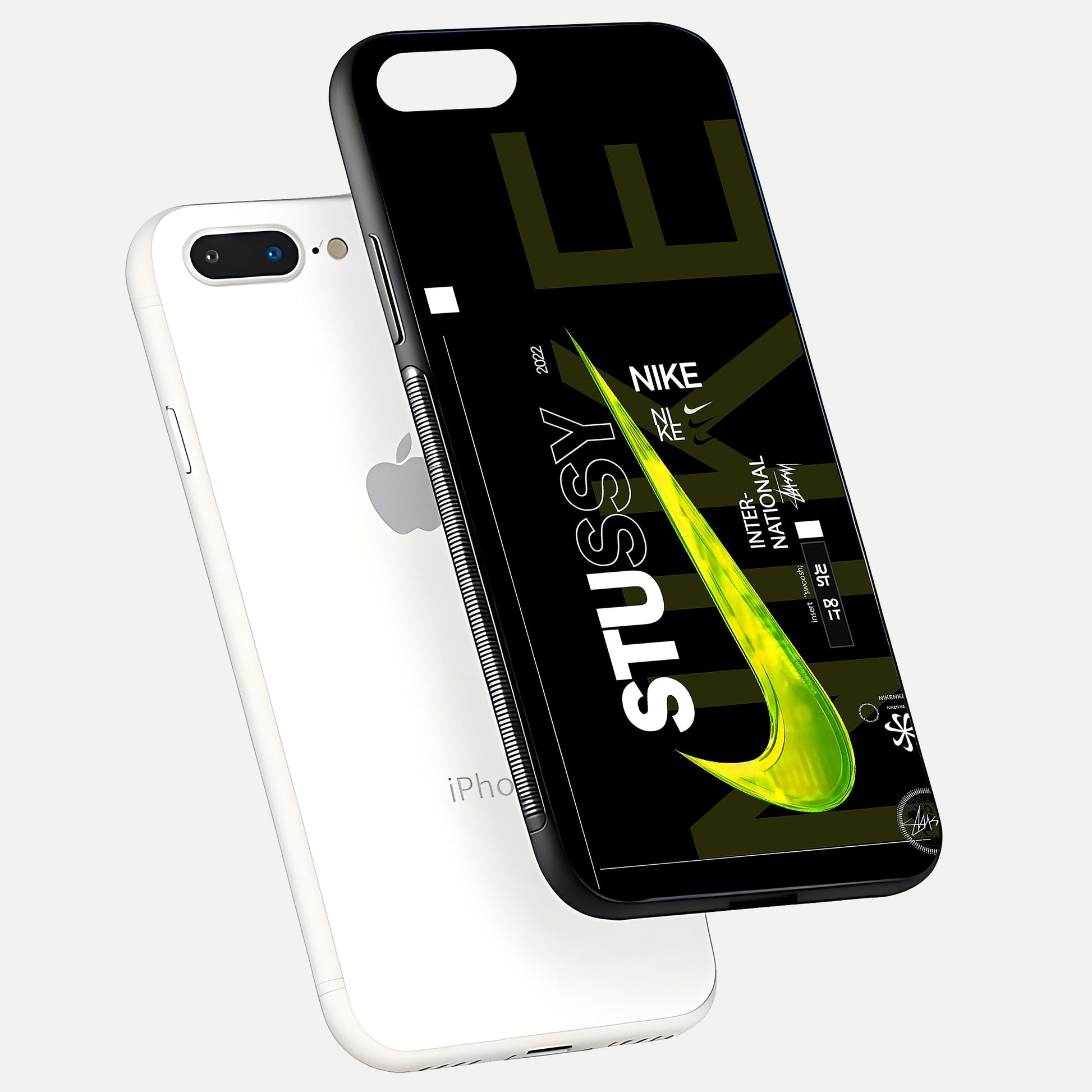 Neon Street Edition Glass Case for iPhone 8 Plus floating dual-view mockup showing HD gloss and neon glow