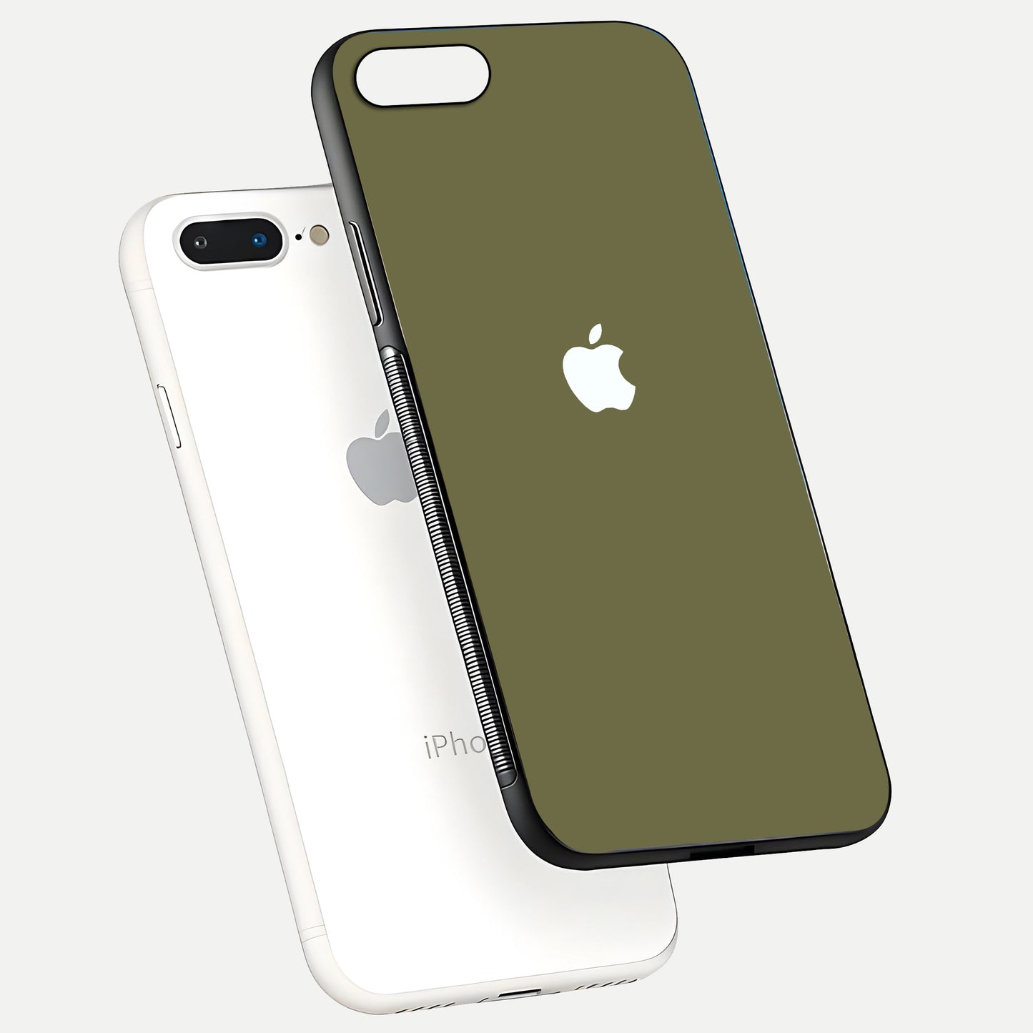 Olive Matte Essence Glass Case for iPhone 8 Plus floating dual-view mockup showing matte gloss and depth