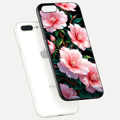 Peach Flower Glass Case for iPhone 8 Plus floating dual-view mockup displaying shine and delicate flower art